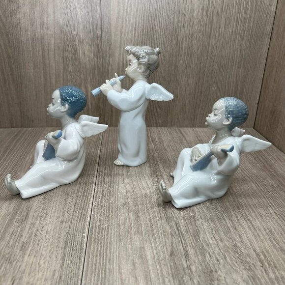 Lladro Angel Figurines Flute & Lute Musicians Porcelain Cherub Set of 3 White - Picture 3 of 16